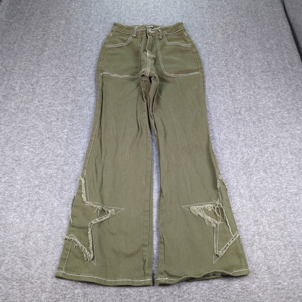 Hot Topic Jeans Womens 3 Green Flare Star Patch Casual Hippie